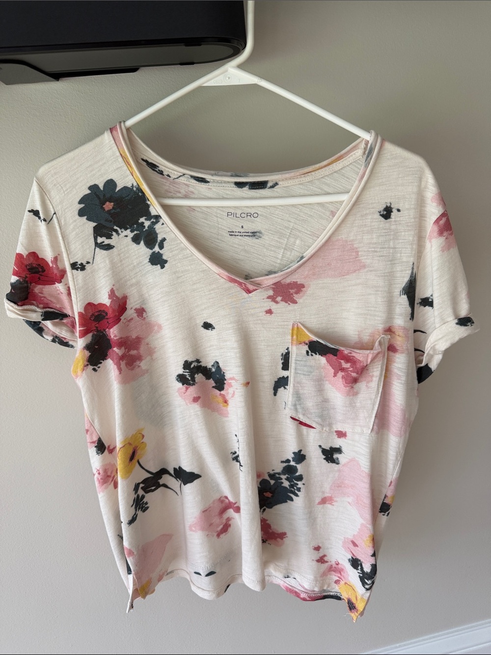 Pilcro Cream Floral V-Neck Pocket Tee with Pink and Black Accents